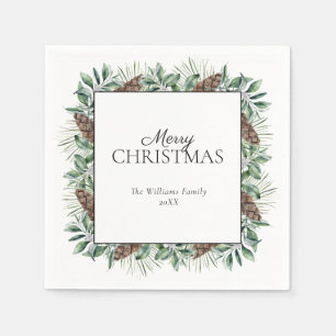 Rustic Winter Fir Cone Merry Christmas Napkin