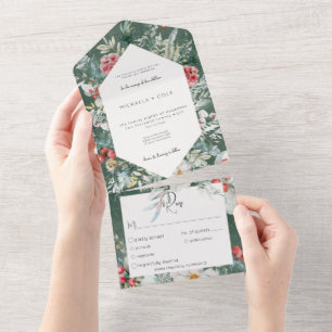 Rustic Winter Floral Pine Emerald Dinner All In One Invitation