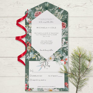Rustic Winter Floral Pine Emerald No Dinner All In One Invitation