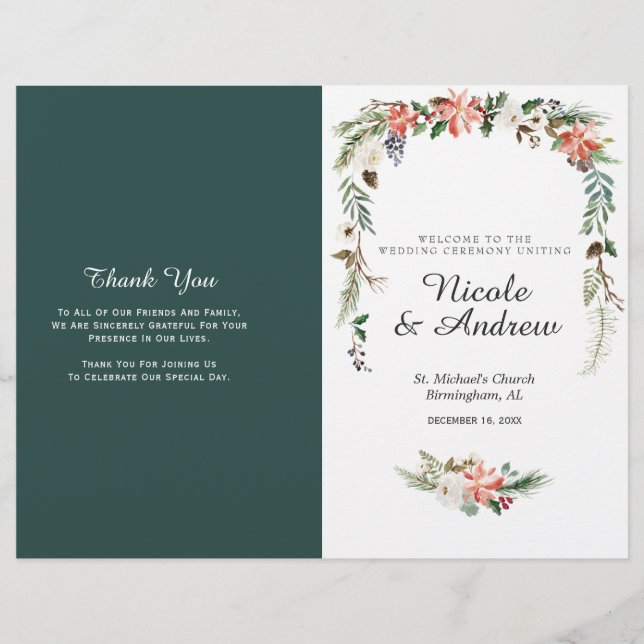Rustic Winter Floral Programme de mariage plié (Devant)
