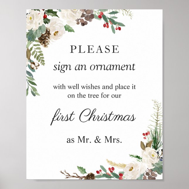 Rustic Winter Floral Wedding Sign an ornament (Front)