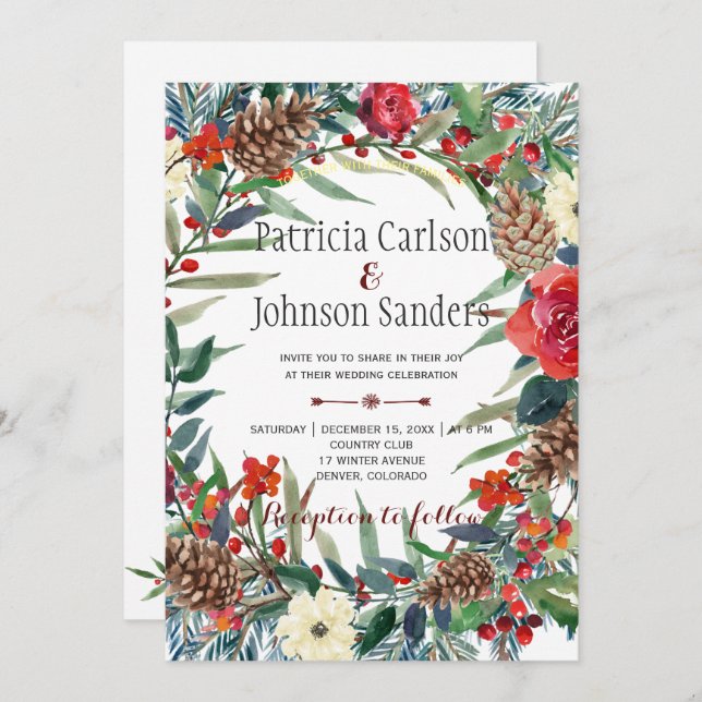 Rustic Winter Flowers and Berries | Burgundy Invitation (Front/Back)