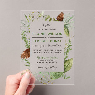 Rustic Winter Foliage Pine cone Wedding Acrylic Invitations