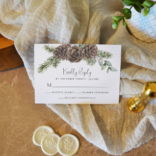 Rustic Winter Foliage Pine Cone Wedding RSVP Card