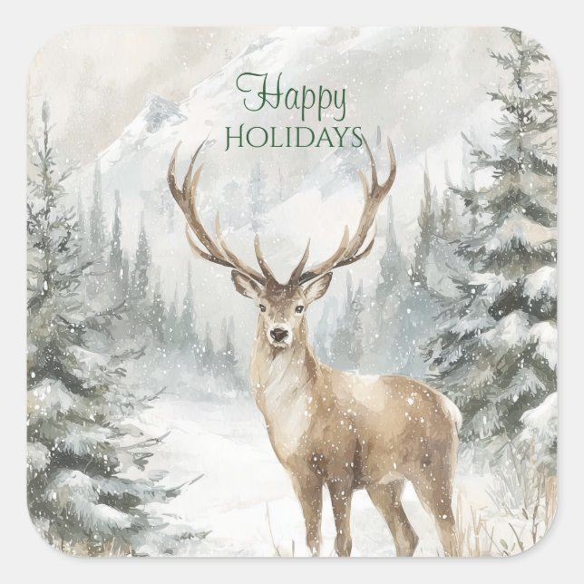 Rustic Winter Forest Deer  Square Sticker (Front)