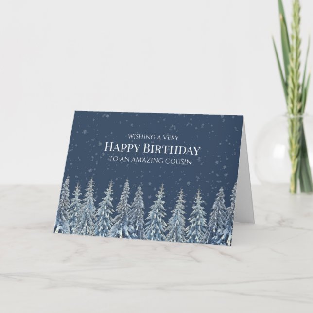 Rustic Winter Forest Happy Birthday Cousin Card (Front)