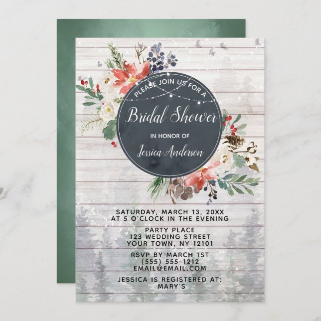 Rustic Winter Forest Lights Floral Bridal Shower Invitation (Front/Back)