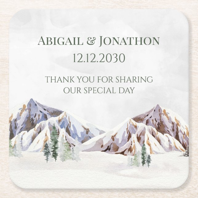 Rustic Winter Forest Mountain Wedding Square Paper Coaster (Front)
