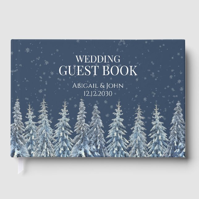 Rustic Winter Forest Navy Blue Wedding Guest Book (Front)