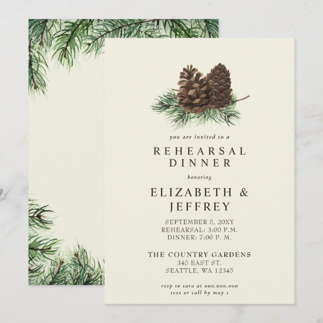 Rustic Winter Forest Pine Cone Rehearsal Dinner Invitation (Front/Back)