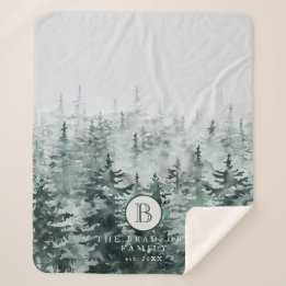 Rustic Winter Forest Pine Tree Family Monogram Sherpa Blanket