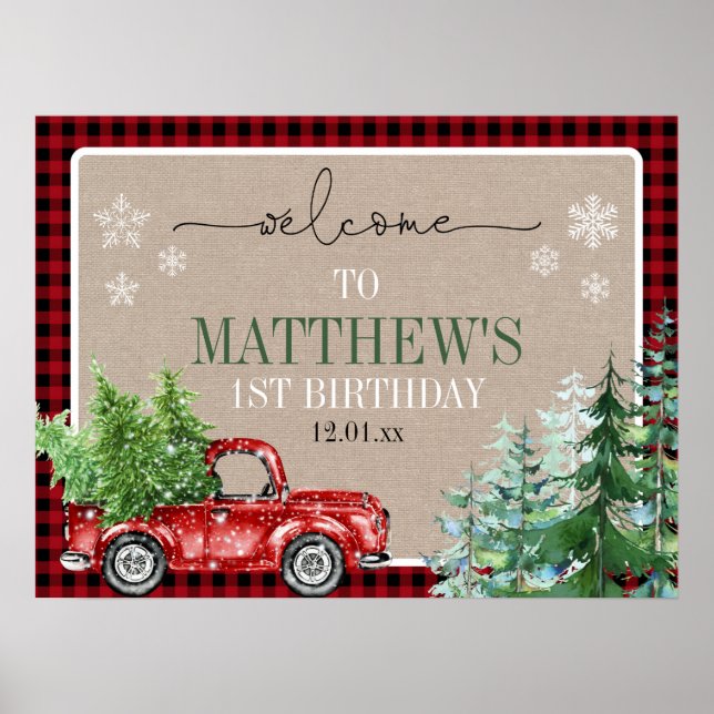 Rustic Winter Forest Red Truck Birthday Welcome Poster (Front)