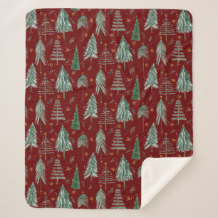 Rustic Winter Forest Snowing Red Watercolor Stars Sherpa Blanket