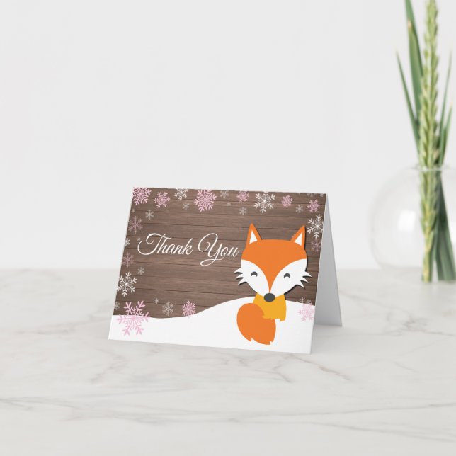 Rustic Winter Fox Snowflake Pink Thank You Card (Front)