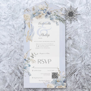 Rustic Winter Frosty Blue & White Floral QR Code All In One Invitation
