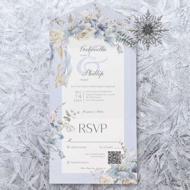 Rustic Winter Frosty Blue & White Floral QR Code All In One Invitation (Available without a QR code; with or without dinner selection options.)