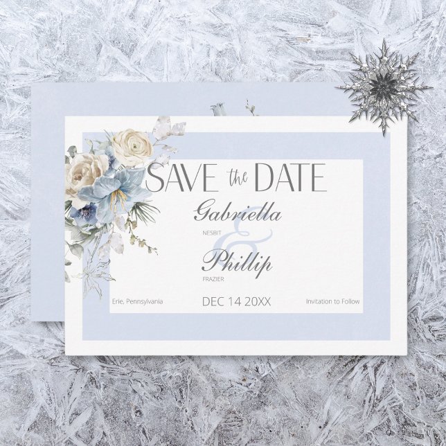 Rustic Winter Frosty Blue & White Floral Save The Date (Creator Uploaded)
