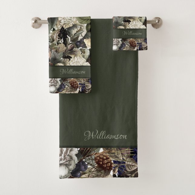 Rustic Winter Garden Floral Elegant Name Template Bath Towel Set (Insitu)