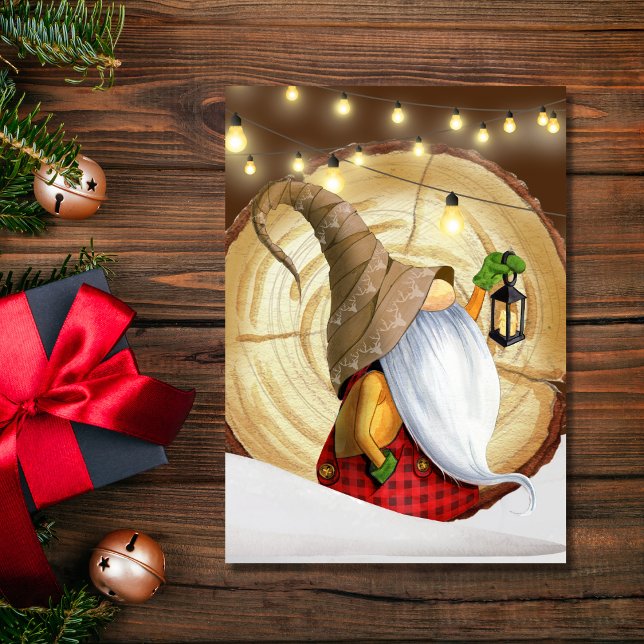 Rustic Winter Gnome Tree, Snow, Lights Christmas  Holiday Card (Creator Uploaded)