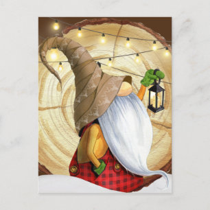 Rustic Winter Gnome Tree, Snow, Lights Christmas Postcard