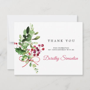 Rustic Winter Greenery 100th Birthday Thank You Card