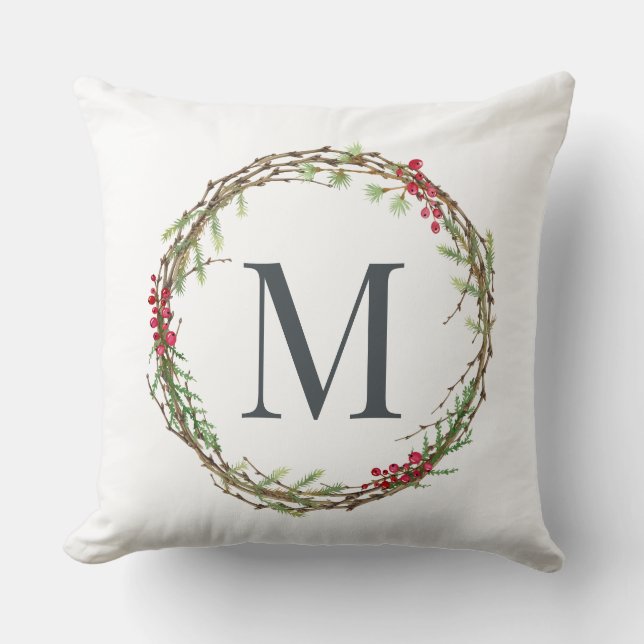 Rustic Winter Greenery Berries Monogram Wreath Throw Pillow (Front)