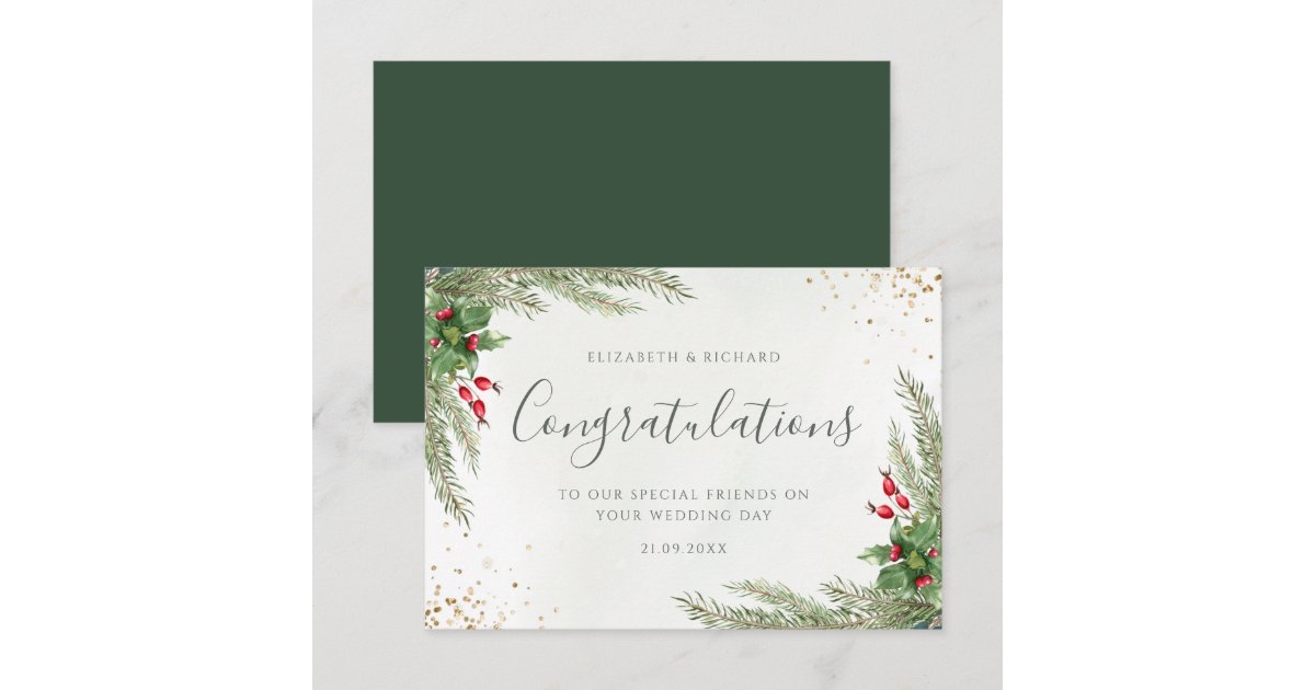 Rustic Winter Greenery Berries Pine Cone Wedding Card | Zazzle