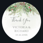 Rustic Winter Greenery Berries Pine Cone Wedding Classic Round Sticker<br><div class="desc">Express your gratitude to your guests in a festive way with these winter greenery thank you stickers. These self-adhesive stickers feature a charming design of pine branches and berries, adding a touch of holiday cheer to your wedding favours, bomboniere, or thank you cards. Personalize the stickers with the names of...</div>