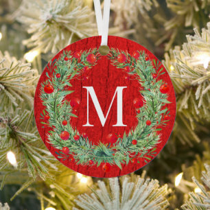 Rustic Winter Greenery Berry Wreath Red Wood Metal Ornament