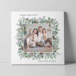 Rustic Winter Greenery Holiday Family Photo Wreath Canvas Print<br><div class="desc">Rustic elegant "Merry Christmas" holiday photo canvas wall art design features a square wreath of winter watercolor greenery framing a favourite family picture. Personalize with your choice of greeting and your family's last name.</div>