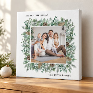Rustic Winter Greenery Merry Christmas Photo Canvas Print