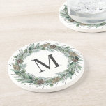 Rustic Winter Greenery Monogram Initial Wreath Coaster<br><div class="desc">Elegant holiday sandstone stone beverage coaster design features a rustic chic wreath of winter watercolor greenery framing a family / last name monogram initial. Includes a white background colour.</div>