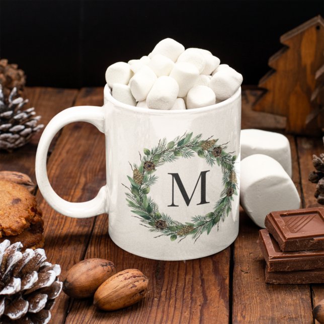 Rustic Winter Greenery Monogram Initial Wreath Coffee Mug (Creator Uploaded)