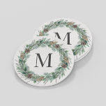 Rustic Winter Greenery Monogram Initial Wreath Round Paper Coaster<br><div class="desc">Elegant round holiday drink coaster design features a rustic chic white wood grain background with a wreath of winter watercolor greenery framing a family / last name monogram initial.</div>