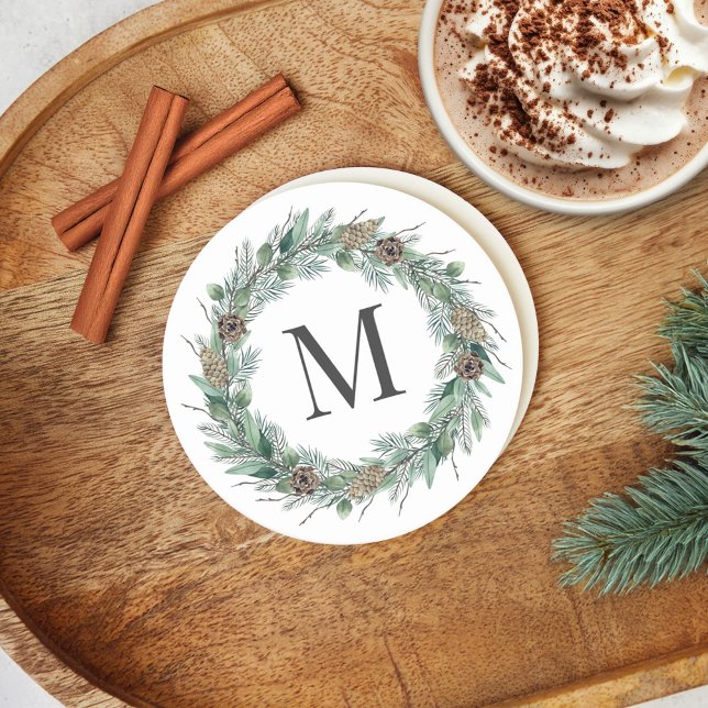 Rustic Winter Greenery Monogram Initial Wreath Round Paper Coaster (Creator Uploaded)
