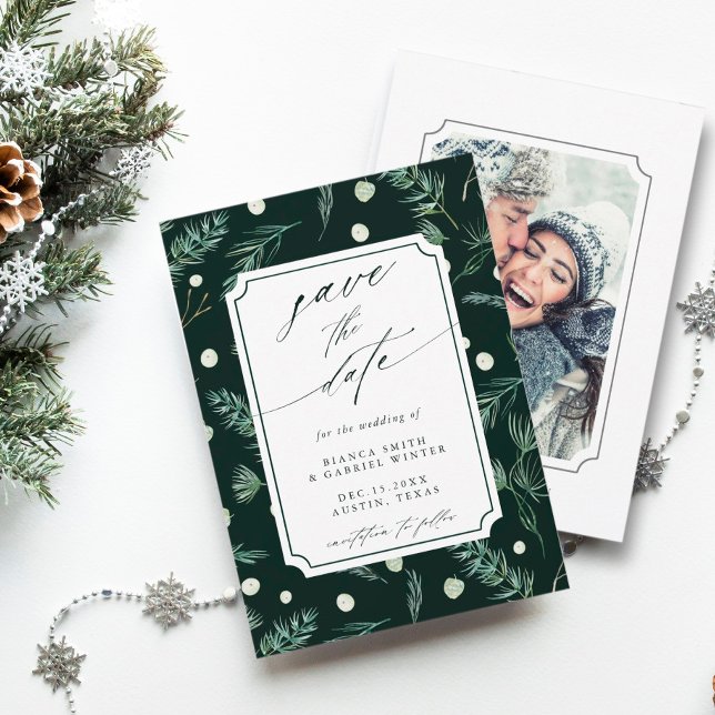 Rustic Winter Greenery Wedding Photo Save The Date (Creator Uploaded)