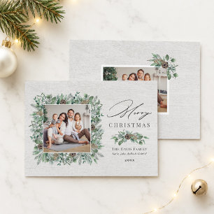 Rustic Winter Greenery White Wood Photo Holiday Card