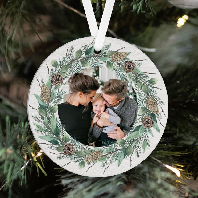 Rustic Winter Greenery Wreath White Wood Photo Metal Ornament (Creator Uploaded)