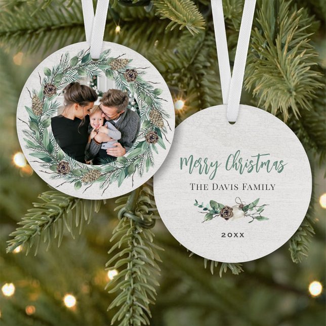 Rustic Winter Greenery Wreath White Wood Photo Ornament (Creator Uploaded)