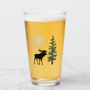 Rustic Winter Holiday Moose Snowflake Pine Tree  Glass