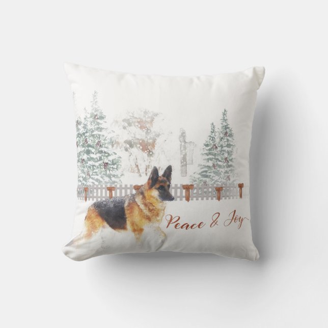 Rustic Winter Holiday Scene with German Shepherd Throw Pillow (Front)