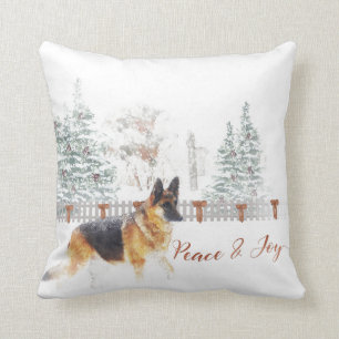 Rustic Winter Holiday Scene with German Shepherd Throw Pillow