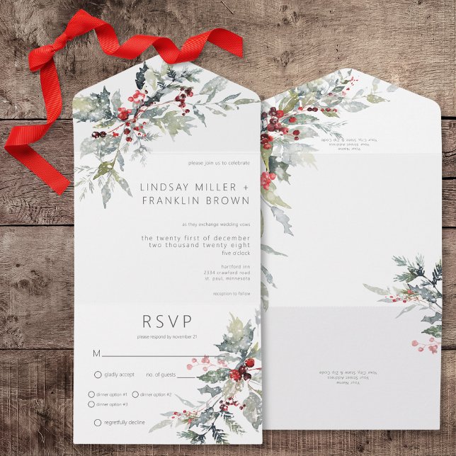 Rustic Winter Holly Berries & Snow Dinner All In One Invitation (Rustic Winter Holly Berries & Snow All In One Wedding Invitation with Dinner Options)