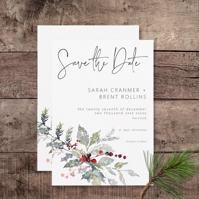 Rustic Winter Holly Berries & Snow Wedding Save The Date (Rustic Winter Holly Berries & Snow Save the Date Card)