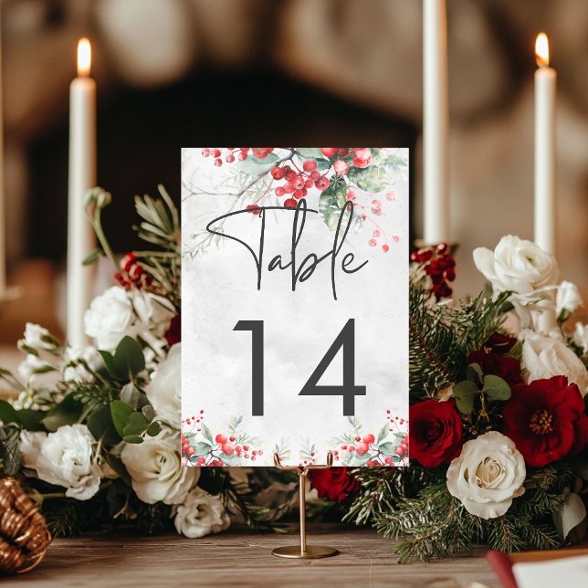 Rustic Winter Holly & Pine Wedding Table Number (Rustic Winter Holly & Pine Wedding Table Number)