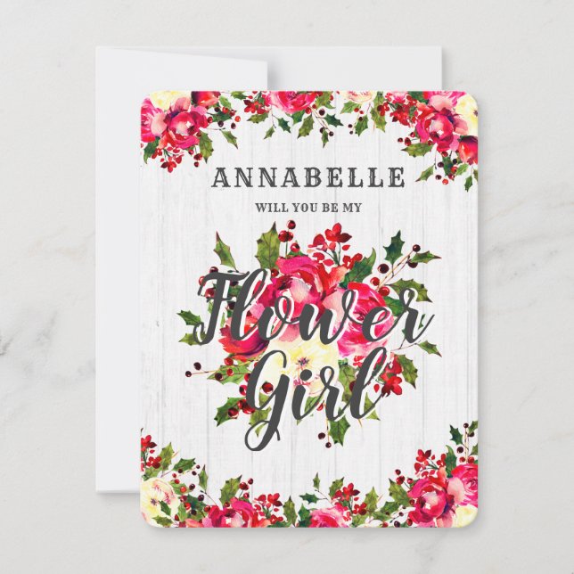 Rustic Winter Holly Will You Be My Flower Girl Invitation (Front)