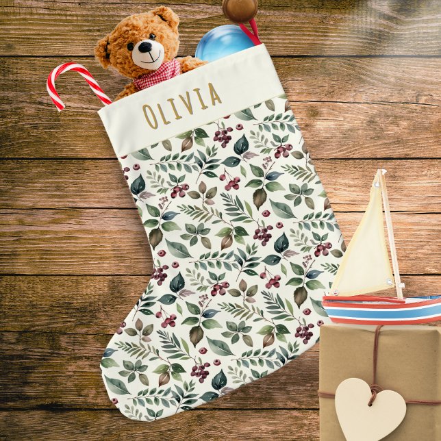 Rustic Winter Leaves and Berries Personalized Large Christmas Stocking (A Christmas stocking with an elegant pattern of greenery and red berries, personalized with a name)