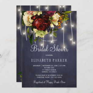 Rustic winter lights navy burgundy bridal shower invitation