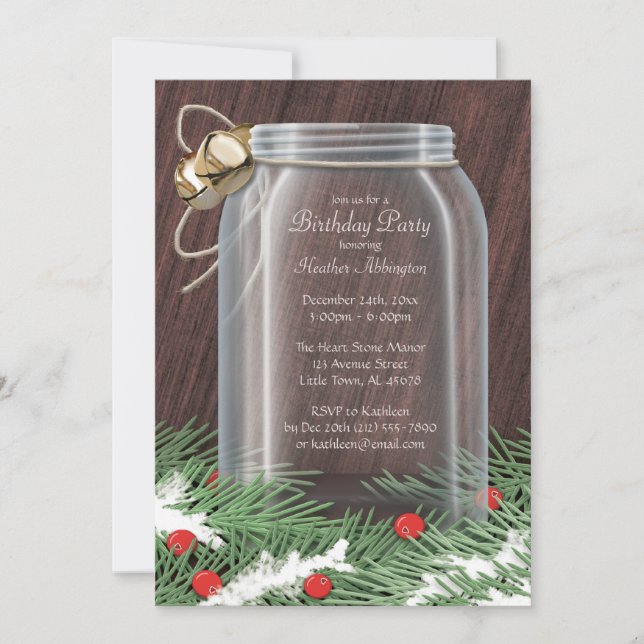Rustic Winter Mason Jar Birthday Party Invitations (Front)