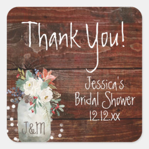 Rustic Winter Mason Jar Holiday Lights Thank You Square Sticker